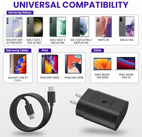Ultimate 25 W Super Fast USB-C Wall Charger Duo with 5 FT Cable – Optimal Charging Solution for Samsung Galaxy S25/S24/S23 – Unmatched Speed & Versatility for On-the-Go Lifestyles – Ideal for Home & Travel Use