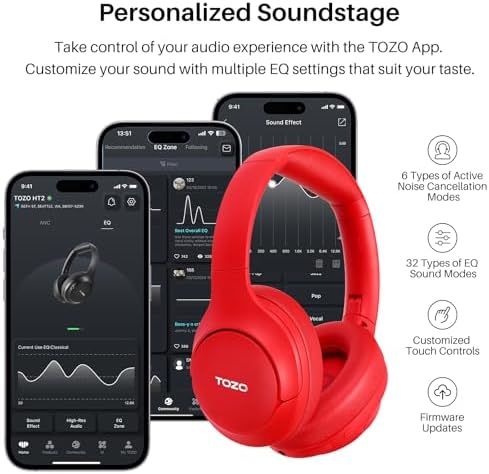 TOZO HT2 Wireless Over-Ear Headphones with Superior Active Noise Cancellation – Immerse in 60-Hour Playtime, Personalized Hi-Res Audio with Custom EQ, and Rich Deep Bass – Luxurious Khaki Design for Home, Office, and Travel Enthusiasts Seeking Unmatched Comfort and Sound Quality