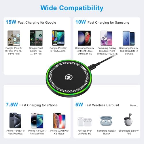 Ultra-Fast 15 W Wireless Charging Pad for Samsung S25 Ultra & Google Pixel – Sleek Fast Charge Station for Galaxy S25/S24 FE/S23/S22/S21/S20/S10/Z Flip 6/5 – Optimal Efficiency & Modern Design for Home or Office Use