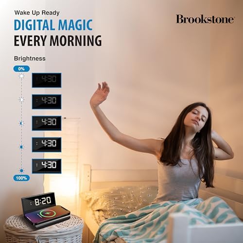Brookstone Smart LED Alarm Clock with 15 W Fast Wireless Charger for i Phone 15 Pro Max & Samsung S23 | Dual Alarm Functionality with Customizable Brightness | Sleek, Modern Design for Efficient Workspaces & Nightstands