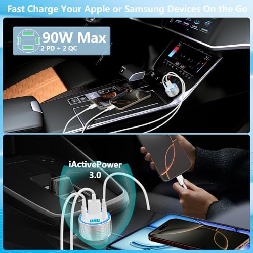 KYOHAYA 90 W Car Charger Bundle – 4-Port USB-C & USB-A Fast Charging Adapter for i Phone 16/15/14/13/12/11 Pro, Galaxy S25/S24, Google Pixel – High-Speed Dual Charging Solution for Road Trips and Daily Commutes – Durable, Compact Design for Enhanced Compatibility and Performance
