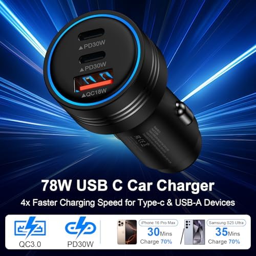 Samsung Galaxy S25 Edge 78 W 3-Port Car Charger – Ultra-Fast USB C Cigarette Lighter Adapter for Galaxy S25 Ultra, A16, S24, S23, i Phone 15 Pro Max – Triple Device Charging with Overheat Protection for Ultimate Travel Convenience