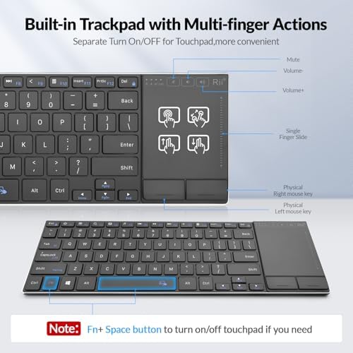 Transform Your Workspace with the Rii Ultra-Slim Wireless Bluetooth Keyboard – Multi-Device Rechargeable Stainless Steel Design with Multi-Touch Touchpad for Seamless PC, Mac, and Laptop Connectivity – Ergonomic, Durable, and Stylish for Effortless Typing and Navigation