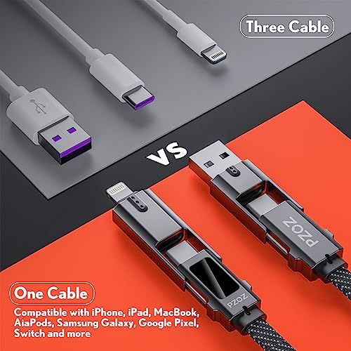 pzoz 4-in-1 USB C Fast Charging Cable with LED Status Display – Versatile Multi-Device Charger for i Phone 16/15/14 Pro Max, i Pad, Mac Book, Air Pods Pro, Samsung, and Google (60 W, 5 ft) – Streamlined Efficiency, Enhanced Durability, and Universal Compatibility for All Your Charging Needs