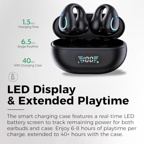 Innovative Open-Ear Bone Conduction Wireless Earbuds – Bluetooth 5.4 Technology, Enhanced Low Latency for Gaming, Advanced ENC Noise Cancellation, IPX5 Waterproof Design with Secure Clip for Sports, 500 m Ah LED Charging Case for Ultimate Comfort and Awareness – Available in Sleek Black