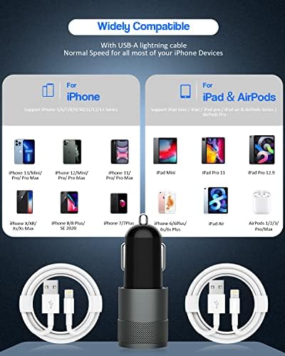 High-Performance i Phone Car Charger – Dual-Port 38 W USB-C & QC3.0 Fast Charging Adapter with 2 Lightning Cables, MFi Certified for i Phone 14, 13 Pro Max, 12, 11, X – Sleek Grey Design for Enhanced Compatibility and Efficiency on the Road
