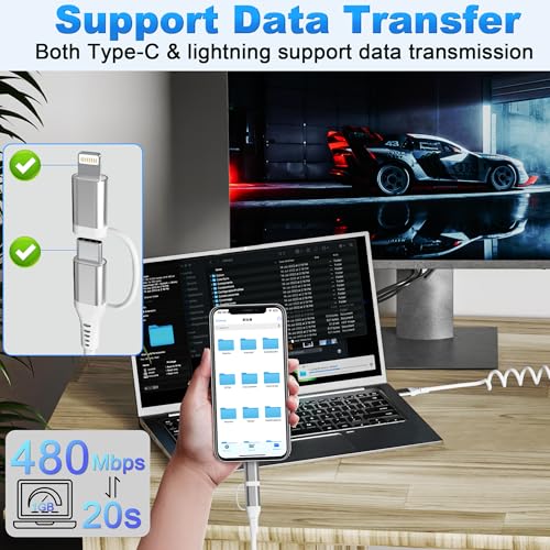 Universal Coiled USB to USB-C and Lightning Charging Cable for Car – 3 A Fast Charge & Data Sync Solution for i Phone and Android Devices – Ideal 3 Ft Length for Seamless Apple Car Play & Android Auto Integration – Durable, Tangle-Free, and Convenient Power Access in Your Vehicle – Enhance Your Driving Experience with Reliable Connectivity