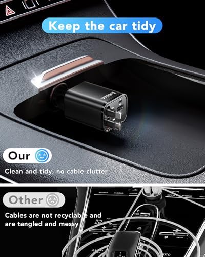 2025 Ultra-Compact 4-in-1 Retractable Car Charger – 69 W Fast Charging Adapter for i Phone 16, Galaxy and More – Innovative Space-Saving Design with Multiple Ports for Simultaneous Device Powering – Essential Car Accessory for Daily Commutes and Road Trips