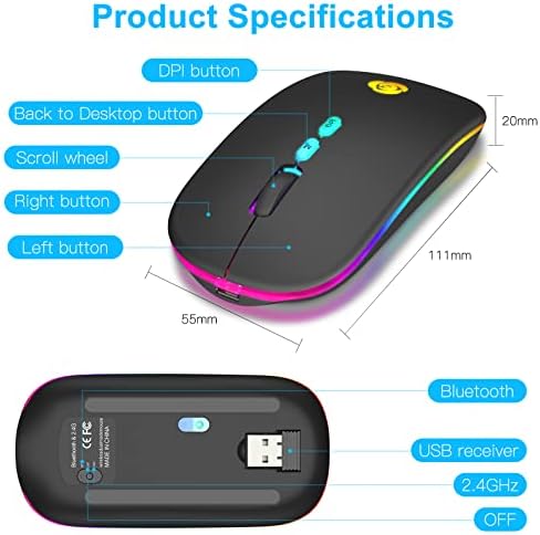 Upgrade Your Workflow with the CC Store LED Wireless Mouse – Dual Connection Modes (Bluetooth & 2.4 GHz), Ultra-Silent Rechargeable Design, Adjustable DPI Settings for Precision, Ergonomic Slim Profile, USB-C Adapter Included – Perfect for Laptops, Mac Books, PCs, Tablets, and i Pads (Black-Red)