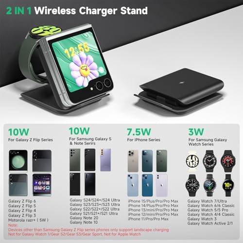 Geyo 2-in-1 Foldable Wireless Charger for Samsung Galaxy Z Flip Series & Galaxy Devices – Travel-Friendly Fast Charging Stand for Galaxy Z Flip 6/5/4/3, S24 Ultra/S23/S22/Note 20, Galaxy Watch 7/Ultra/6/6 Classic – Stylish Green Finish with Enhanced Compatibility and Safety Features
