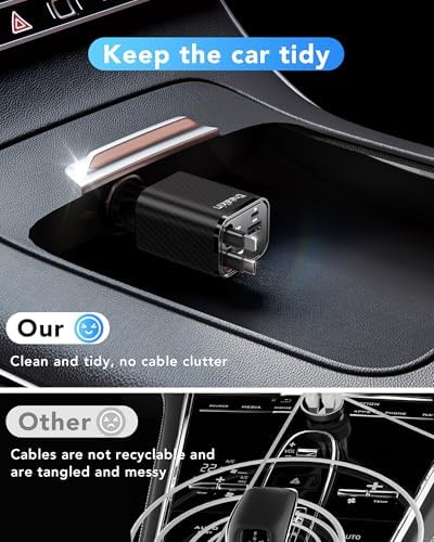 2025 Ultra-Compact 4-in-1 Retractable Car Charger – 69 W Fast Charging Adapter for i Phone 16, Galaxy and More – Innovative Space-Saving Design with Multiple Ports for Simultaneous Device Powering – Essential Car Accessory for Daily Commutes and Road Trips