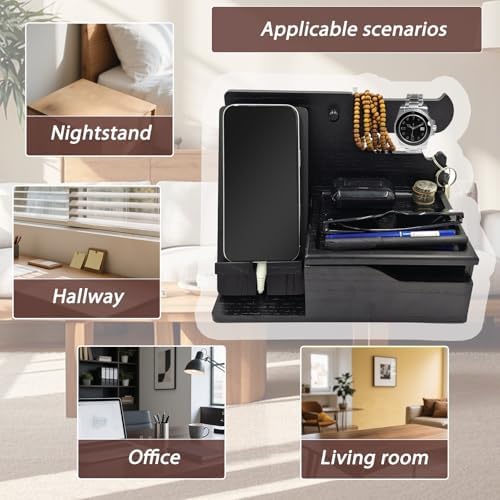 Sleek 3-in-1 Wood Phone Docking Station with Hidden Charging Hole & Drawer – Multifunctional Organizer for Phones, Keys, Glasses & Accessories, Ideal Men’s Desk Solution (Brown) – Premium Quality & Enhanced Compatibility