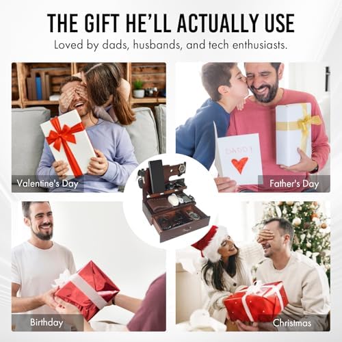 Premium Wooden Docking Station for Men – Multifunctional Desk Organizer with Storage Drawer, Dual Phone Stand & Integrated Watch Charger – Perfect Gift for Husband, Dad, or Boyfriend – Elevate Your Workspace with Style and Efficiency