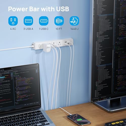 Ultra-Slim TROND Surge Protector Power Strip with 3 USB Ports & Type C – 4 AC Outlets for Maximum Device Protection & Charging Speed – 1440 J Surge Defense, ETL Listed, Space-Saving Wall Mount Design for Home Office & Dorm Use – Versatile Power Management Solution in Elegant Black