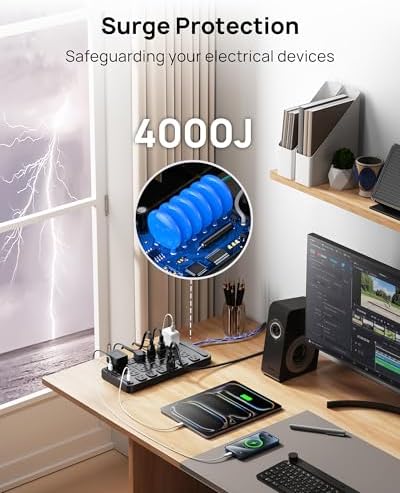 TROND 360° Rotating Surge Protector Power Strip – 24 AC Outlets & 6 Fast Charging USB Ports (37 W) – 4000 Joules Protection for Ultimate Device Safety – 6 ft Heavy Duty Extension Cord for Gaming and Office Use – ETL Listed for Dependable Performance – Essential Power Solution for Dorm Rooms and More