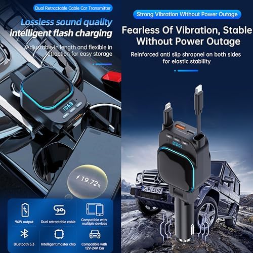 MQOUNY 4-in-1 Retractable Car Charger with Bluetooth 5.3 FM Transmitter – 96 W Fast Charging Solution for Multiple Devices, Ideal Hands-Free Calling & Music Streaming Accessory for Cars, Perfect Gift for Tech-Savvy Men and Women