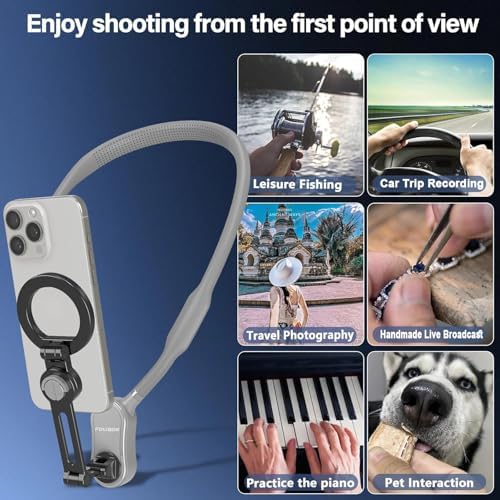 Magnetic Neck Phone Holder – 4-in-1 Hands-Free Mount for i Phone, Android, and Go Pro – Enhanced POV & Vlog Recording Accessory with Adjustable Comfort Neckband – Lightweight & Travel-Friendly Design for Effortless Content Creation – Ideal for Adventurers and Creators