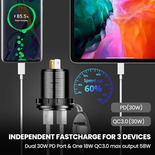 Versatile 12 V USB Car Socket with 3 Ports – Waterproof Marine-Grade Aluminum Quick Charge Adapter for Cars, Boats, RVs, and More (2 QC + 1 PD) – Efficient Multi-Device Charging Solution for On-the-Go Power Needs