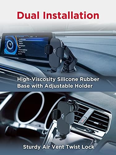Gigastone Qi Wireless Car Charger – 15 W Fast Charge with Auto-Clamping Phone Holder for Seamless Driving – Compatible with i Phone 15/14/13/12/11/X, Galaxy S22/S20, Note 20/10, i Pad, Pixel, and Xperia – Effortless Installation for Air Vent and Dashboard Use, Tangle-Free Convenience and Enhanced Device Security