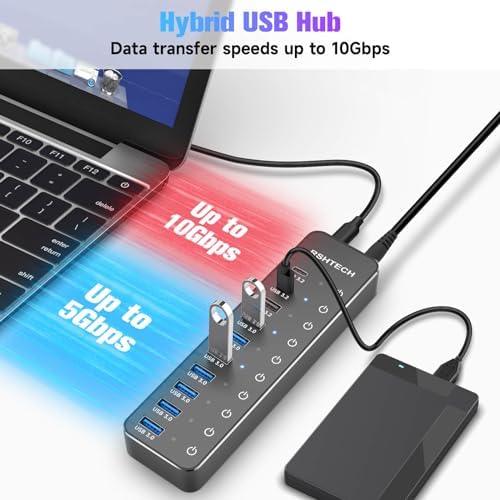 Elevate Your Workspace with RSHTECH 10-Port USB Hub – High-Speed 10 Gbps Data Transfer, 60 W Power Output for Rapid Charging, Individual Touch Controls for Seamless Device Management – Ideal USB-C and USB-A Solution for Laptops and PCs