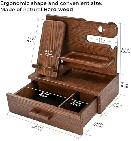 TESLYAR Wood Phone Docking Station with Drawer – Nightstand Organizer – Desk Organizer for Husband – Birthday Gifts for Men, Dad, Anniversary Idea, Key Holder Stand Watch & Accessories (Bourbon Brown) – Enhanced Compatibility and Speed