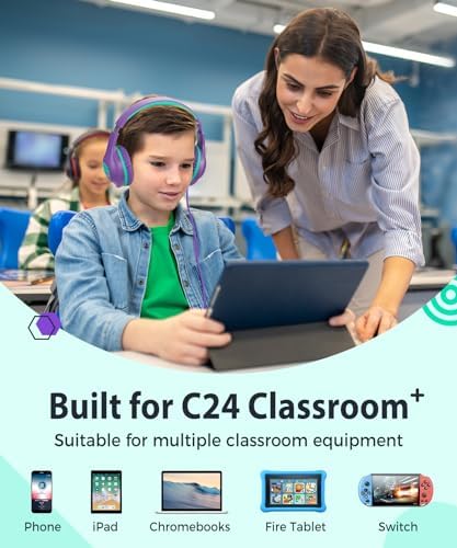 Rockpapa C24 Foldable Kids Headphones with Microphone – Lightweight Wired Audio Solution in Eye-Catching Purple & Green for School, Travel, and Play – Ideal for Young Listeners with Enhanced Compatibility and Superior Portability