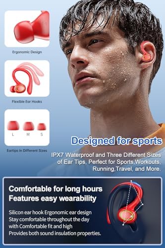 Revolutionize Your Audio Experience with 60-Hour Playtime Bluetooth 5.3 Wireless Earbuds – Advanced Noise Cancelling for Crystal Clear Sound, IPX7 Waterproof Durability, Real-Time LED Battery Monitoring, Ideal for Athletes and Outdoor Enthusiasts (RED)