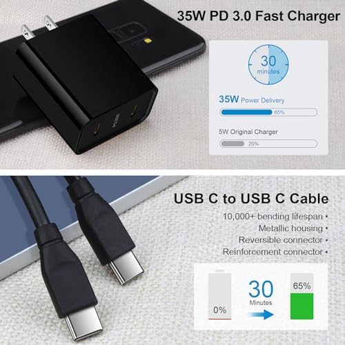 Revolutionize Your Charging Experience with the 35 W Dual Port USB-C Power Adapter – Ultra-Fast Charging for Samsung Galaxy S Series and Google Pixel Devices – Comes with 6 FT Durable USB-C Cable for Enhanced Connectivity – Perfect for Active Lifestyles with Compact Portability – Charge Two Devices at Once with 35 W Total Output for Quick Power Restorations – Essential Accessory for Tech Savvy Users Demanding Efficiency and Reliability – Crafted from Premium Materials for Long-Lasting Durability – Upgrade Your Power Solutions with This Versatile Fast Charger Designed for Maximum Compatibility and Rapid Performance.