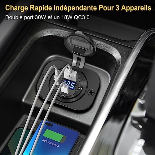 Dual PD 30 W & QC3.0 18 W Car Charger Socket – Qidoe 12 V Waterproof USB Outlet with Integrated Voltmeter for Boats, RVs, and Vehicles – High-Speed Charging and Enhanced Compatibility for All Your Devices