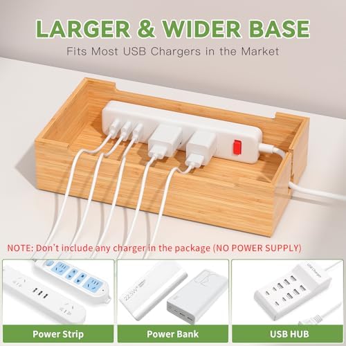 Pezin & Hulin Eco-Friendly Bamboo Cable Management Box – Sleek Desktop Organizer with 6 Cables for Tidy Charging Station, Stylish Wire Organizer for Electronic Devices, Enhances Workspace Efficiency and Aesthetics