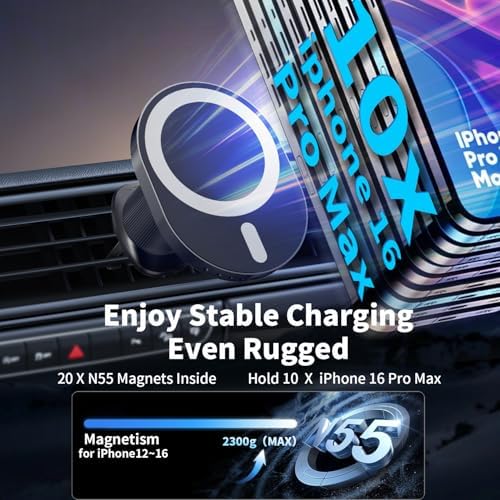 AOUXSEEM for Magsafe Car Charger Mount,15W Fast Charging,20xN55 Magnets,Car Phone Holder Wireless Car Charger Magnetic Phone Holder for iPhone 16/15/14/13/12/Pro/Plus/Max Samsung Galaxy S Series – Enhanced Compatibility and Speed