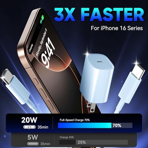 Unlock Rapid Charging Efficiency with the 20 W USB-C Power Adapter and 10 ft Cable – Ideal for i Phone 16, 15 Pro, and Galaxy S24 for Ultimate Portability and Convenience