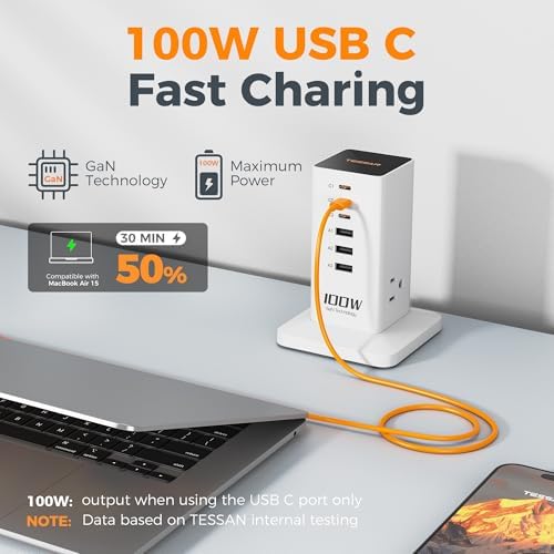 TESSAN 9-in-1 Powerful USB Charging Station – PD 65 W Multi-Device Charger Block for i Phone 15/16, Mac Book & Tablet – Fast, Efficient Power Delivery with 3 AC Outlets – Compact Travel & Home Office Accessory – Enhanced Compatibility & Safety Features