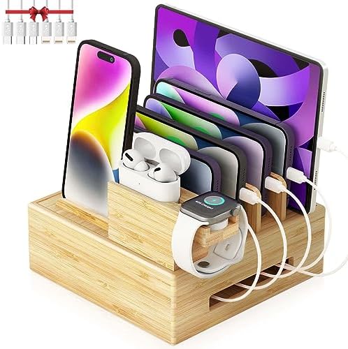 Sustainable Bamboo USB Charging Hub with 7 Ports – Elegant Multi-Device Organizer for Smartphones, Tablets, Smartwatches, and Earbuds – Fast Charging Solution with Dedicated Holders for Tidy Power Management and Stylish Home Décor