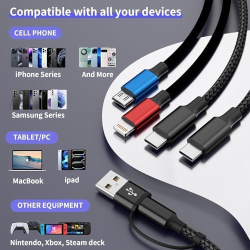 Versatile 4 in 1 USB C Charging Cable – 5 FT Dual Type-C Multi-Device Charger for i Phone 16/15/14/13, Android, i Pad & Mini Fans – 2 Pack Essential Travel Accessory for Fast and Efficient Charging Solutions