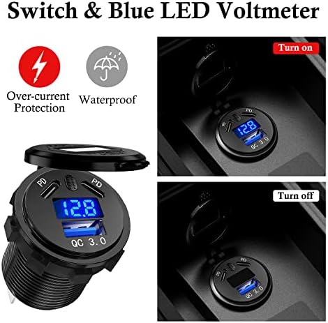 BATIGE Premium 3-Port Car Charger Socket with Dual 45 W PD Type C & 18 W QC 3.0 – Waterproof Fast Charging Adapter for 12 V/24 V Vehicles, Featuring Voltmeter & Power Control Button – Ultimate Solution for Cars, Trucks, Boats, and Motorcycles