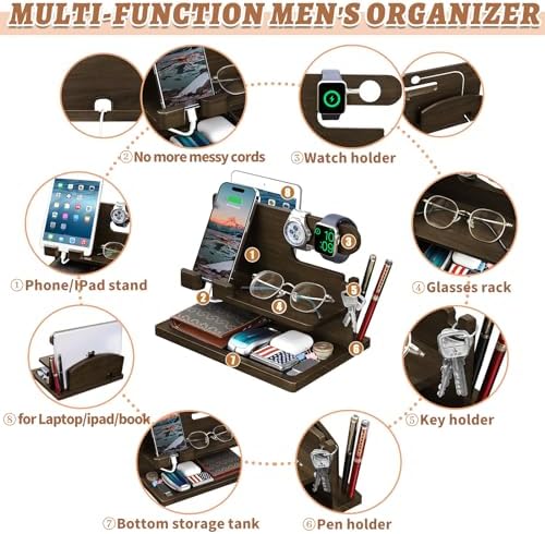 Wood Phone Docking Station – Nightstand Charging Organizer and Cell Phone Stand – Bedside Gift for Men – Enhanced Compatibility and Speed