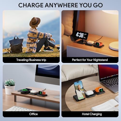 Hinyx 3-in-1 Magnetic Wireless Charging Station – Foldable Portable Charger for i Phone 12/13/14/15, Apple Watch & Air Pods – Enhanced Compatibility & Fast Charging Solution for Travel and Daily Use