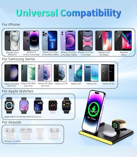 Ultimate 4-in-1 Foldable Wireless Charging Station: Fast Charger for i Phone 11-16, Apple Watch, Air Pods & Galaxy S9-S23 – Portable, Space-Saving Dock with Adapter in Sleek Black for Enhanced Compatibility and Quick Power-Up Solutions