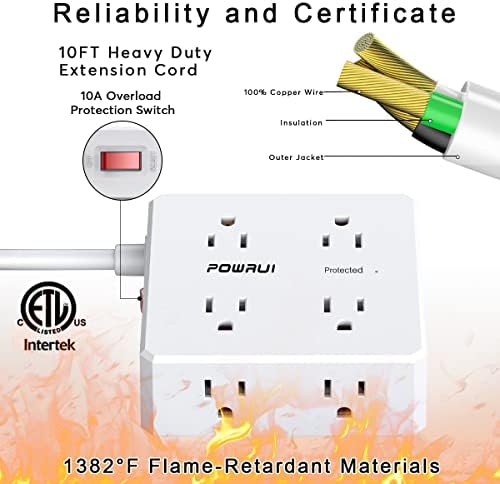 Maximize Your Power Management with a 6 Ft Surge Protector Power Strip – 8 Outlet Extension Cord Featuring 4 Fast USB Charging Ports (1 USB-C), Ideal for Home Office Convenience and Safety, ETL Listed for Enhanced Surge Protection and Compatibility