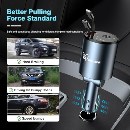 Ultimate 68 W 4-in-1 Retractable Car Charger – Rapid Dual USB Charging Adapter for i Phone 15/14/13/12 Pro Max, Samsung, Pixel & More – Tangle-Free Cables (31.5 inches) for On-the-Go Convenience and Enhanced Device Compatibility