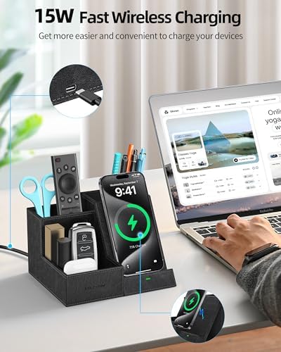 Elevate Your Workspace: Multifunctional Wireless Charger & Desk Organizer with 3 Compartments and Phone Stand – PU Black – Fast Charging & Stylish Office Essential for Maximum Productivity and Organization
