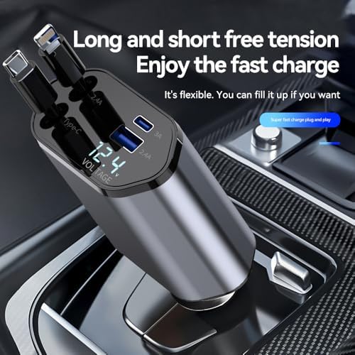 2025 Upgraded 4-in-1 Retractable Car Charger – Dual USB Ports with Fast Charging (Max 66 W) for i Phone 16/15/14/13/12 Pro Max & Samsung Galaxy Fold/S Series, Effortless Device Compatibility and Storage Solution