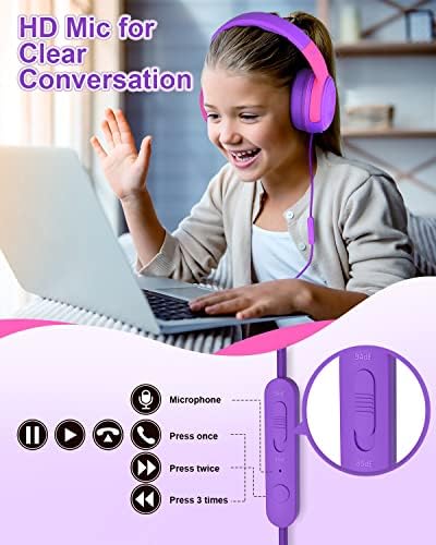 Vibrant Purple/Red ELECDER S8 Wired Kids Headphones with Adjustable Volume Control – Safe Sound Technology (85/94 d B) for Hearing Protection – Comfortable Fit for Growing Children – Perfect for School, Travel, and Play – Built-in Microphone for Effortless Communication – Compatible with Tablets and Smartphones – Durable Design for Everyday Adventures
