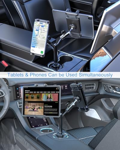 Universal Dual Tablet Car Cup Holder with Sturdy Metal Arm – Adjustable Device Mount for i Pad Pro, Air, Mini, i Phone & Galaxy (4-12.9″) – Enhance Travel Entertainment & Navigation Stability