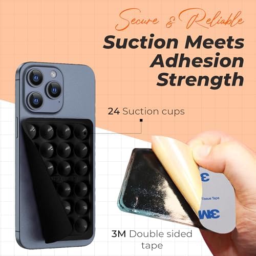 Maximize Your Mobile Creativity: 2-Pack Sticky Silicone Suction Phone Grip with 24 Powerful Suction Cups for Secure Hands-Free Selfies and Videos – Compatible with i Phone, Samsung, and Android – Durable Black Accessory for Ultimate Versatility and Convenience