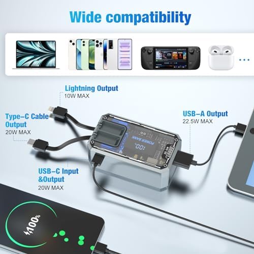 Compact 10000 m Ah Power Bank with Built-In Cables – 22.5 W Fast Charger for i Phone, i Pad, Samsung, and Android Devices – Sleek Transparent Design for Enhanced Battery Monitoring – Ultimate Portable Charging Solution for On-the-Go Lifestyle