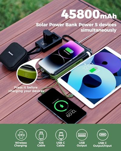 GOODaaa 45800 m Ah Solar Power Bank with Wireless Charging, Fast 15 W USB C & A Ports, Built-in Emergency Radio and Flashlight – Ultimate Outdoor Portable Charger for Camping and Hiking Adventures