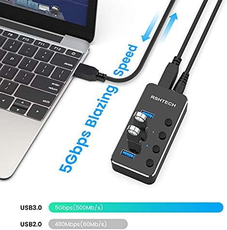 Elevate Your Connectivity with the RSHTECH 4 Port USB C to USB 3.0 Hub Expander – Sleek Aluminum Powered Splitter with 5 V AC Adapter & Individual On/Off Control for High-Speed Data Transfer (RSH-516-C) – Perfect for Professionals & Multitaskers
