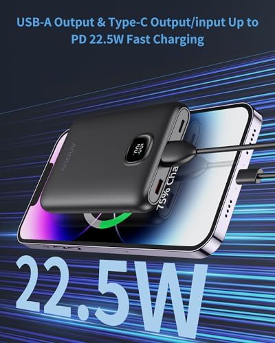 Ultra Slim ANOUV 10,000 m Ah Portable Charger – Fast Charging Power Bank with PD 22.5 W & QC 3.0 for i Phone and Android Devices – Lightweight External Battery for On-the-Go Charging Needs